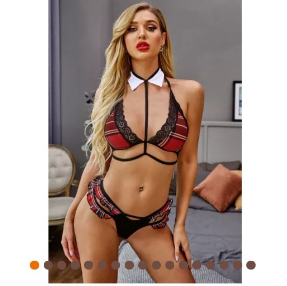 Y2K RED PLAID SCHOOLGIRL lingerie set SIZE SMALL